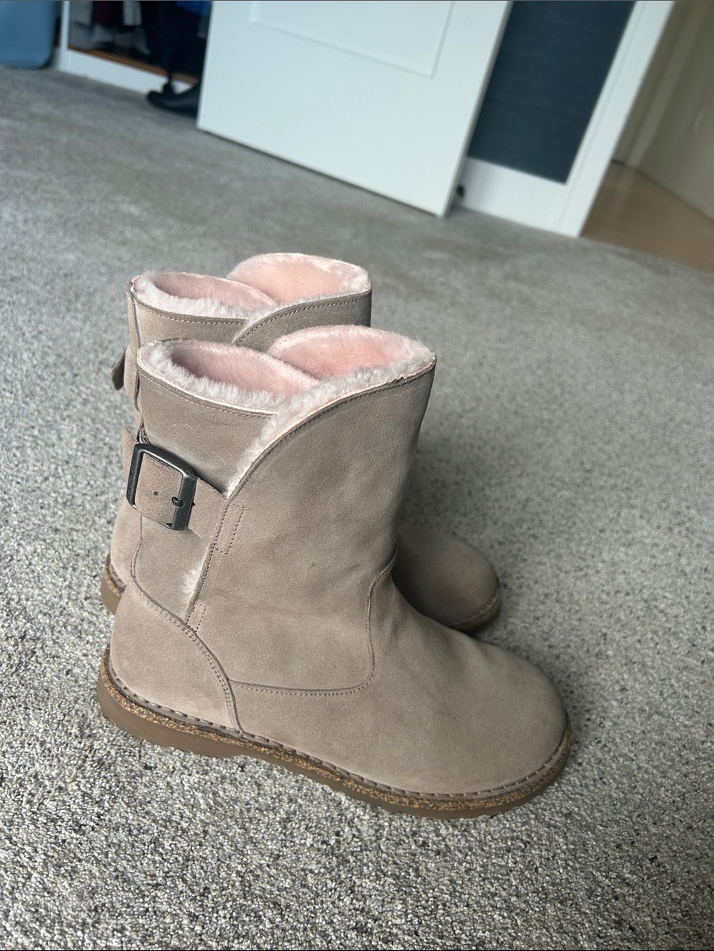 Birkenstock Taupe Suede Ankle Boots with Pink Shearling- size 41